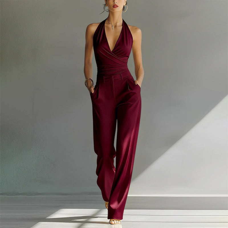Halter Neck Jumpsuit for Women – Wide Leg Tailored Sleeveless Jumpsuit for Wedding Guest and Evening