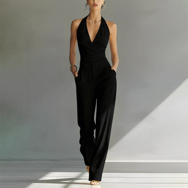 Halter Neck Jumpsuit for Women – Wide Leg Tailored Sleeveless Jumpsuit for Wedding Guest and Evening