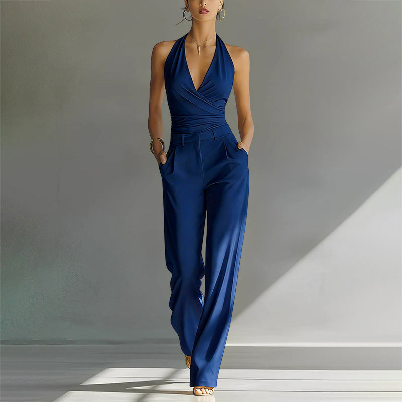 Halter Neck Jumpsuit for Women – Wide Leg Tailored Sleeveless Jumpsuit for Wedding Guest and Evening