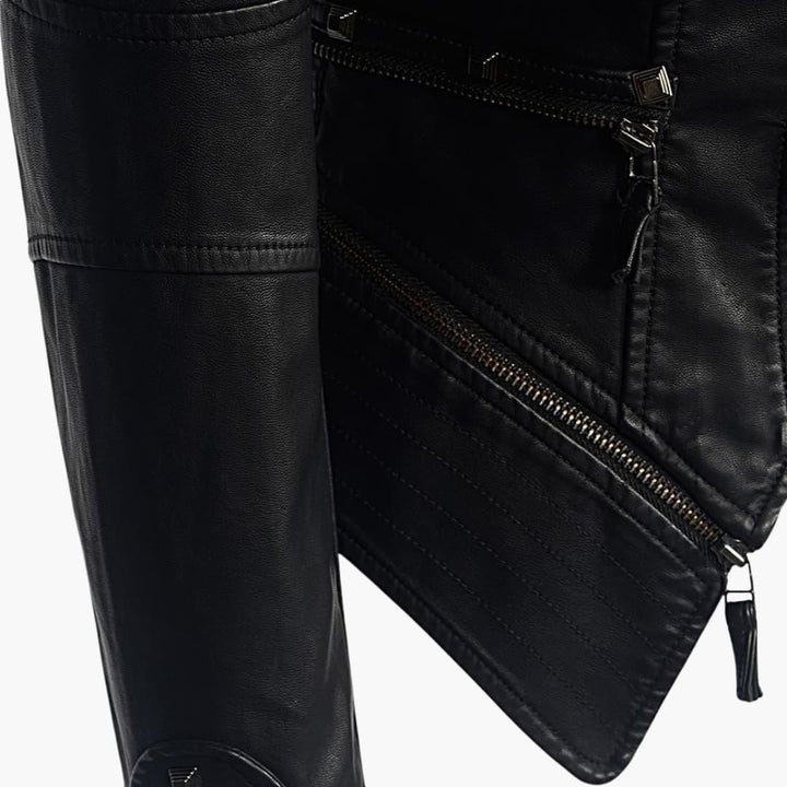 Elegant Black Leather Jacket for Women with Studded Shoulder Long Sleeve Peplum Biker Style