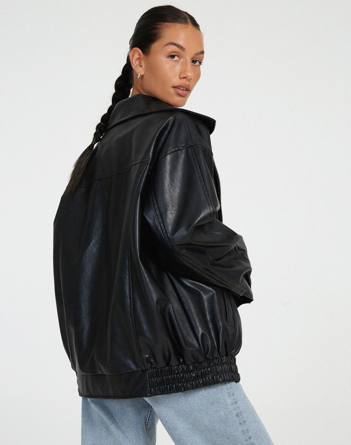 Effortless Faux Leather Jacket for Women with Collared Long Sleeve Oversized Relaxed Style