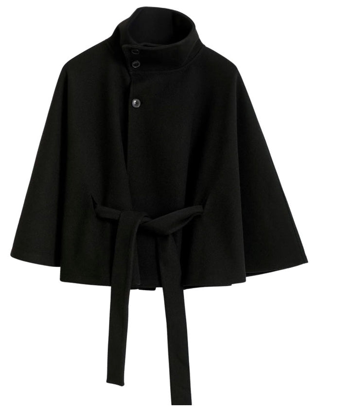 Elegant Wool Jacket for Women with Funnel Neck Batwing Sleeve Belted Cape Style