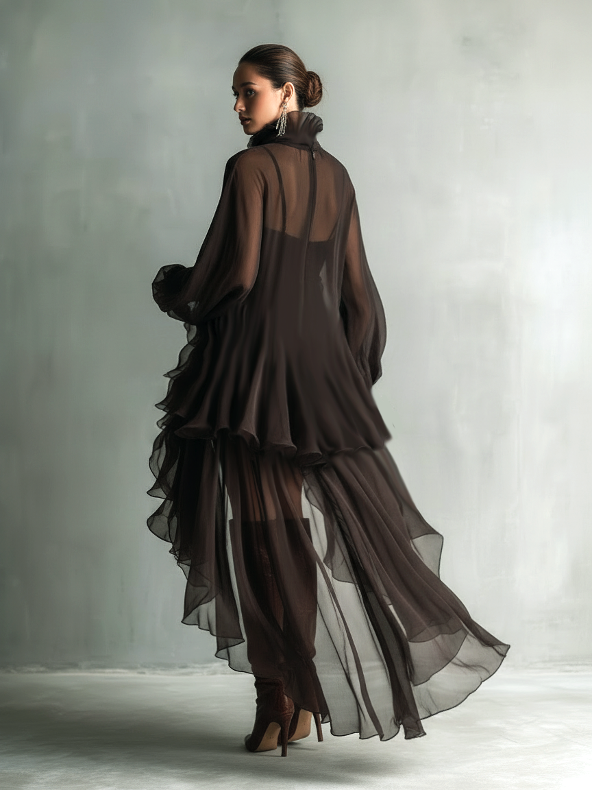 Damen elegantes Midikleid aus braunem Chiffon mit hohem Kragen, langen Ärmeln und lockerem Schnitt