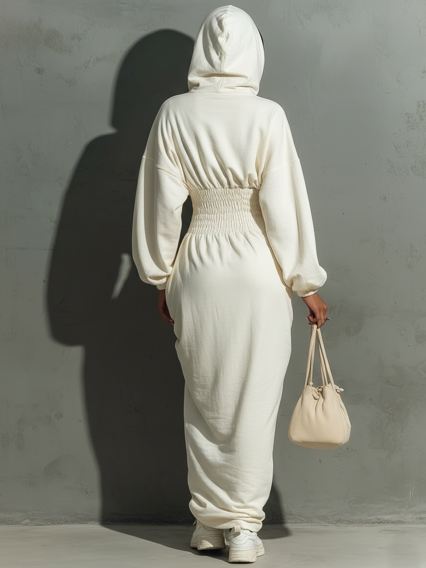 Vestido maxi de sudadera con capucha y fruncido en la cintura minimalista para mujer