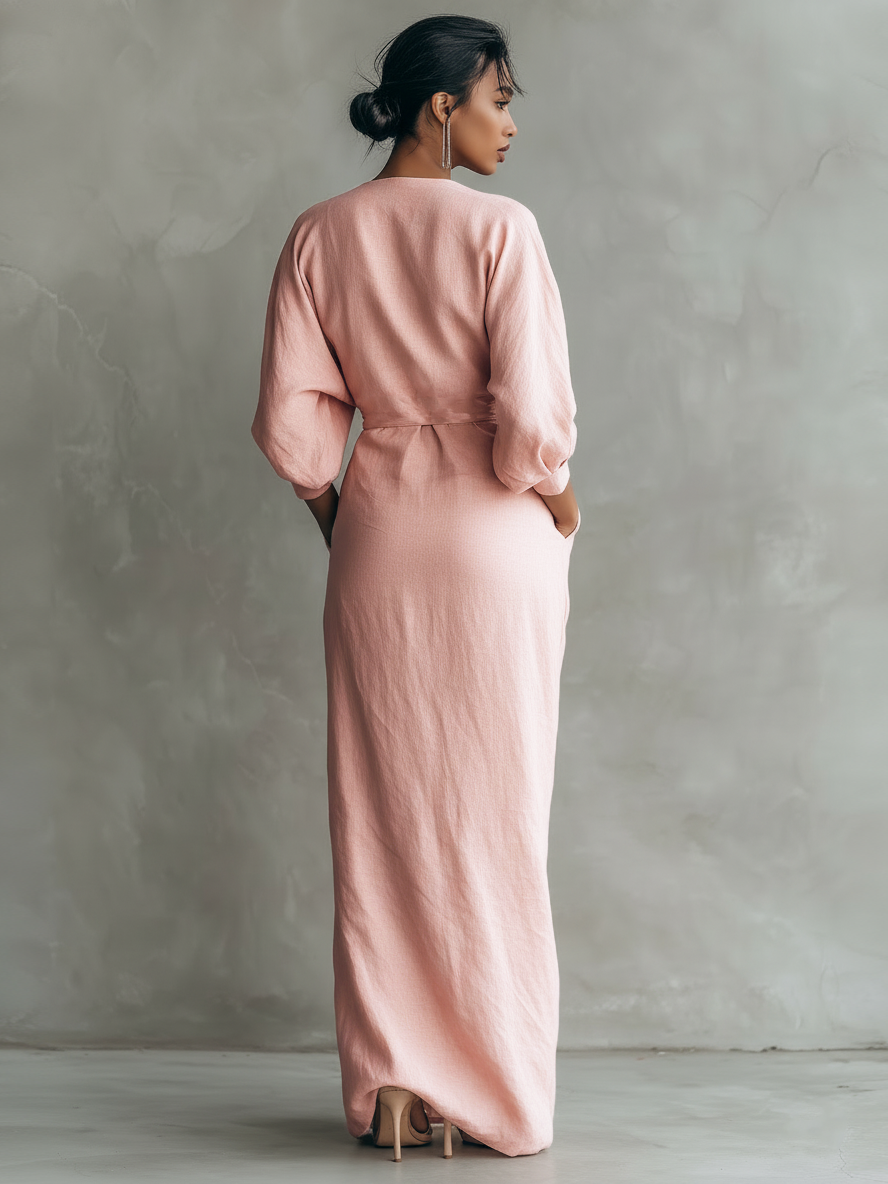 v neck linen maxi dress Linen V neck maxi dress with front split Vivien
