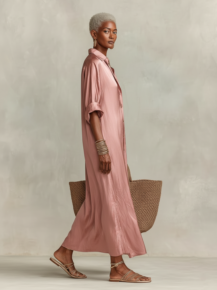 Women's Minimalist Faux Acetate Single-breasted Shirt Maxi Dress