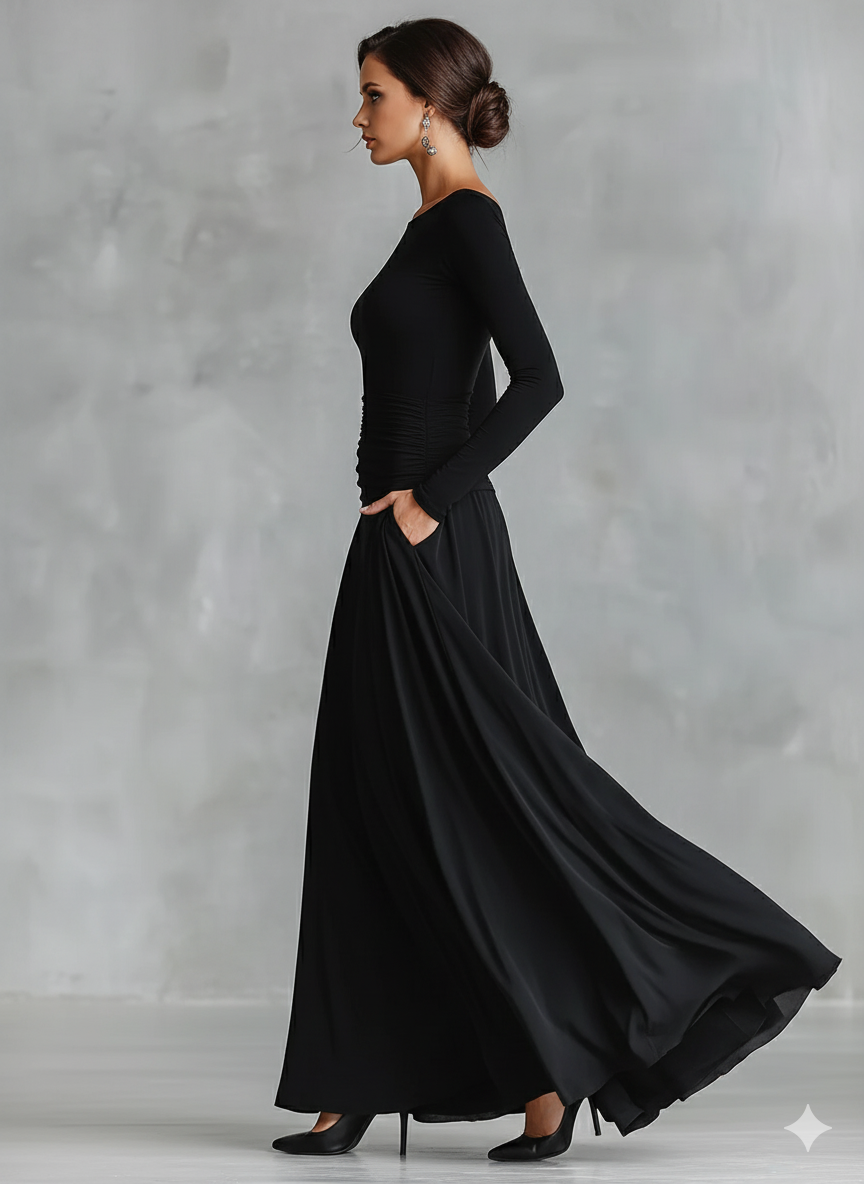 Damen Schwarzes modernes Maxikleid aus Crêpe mit gerafftem Bootsausschnitt MDA1472J7I