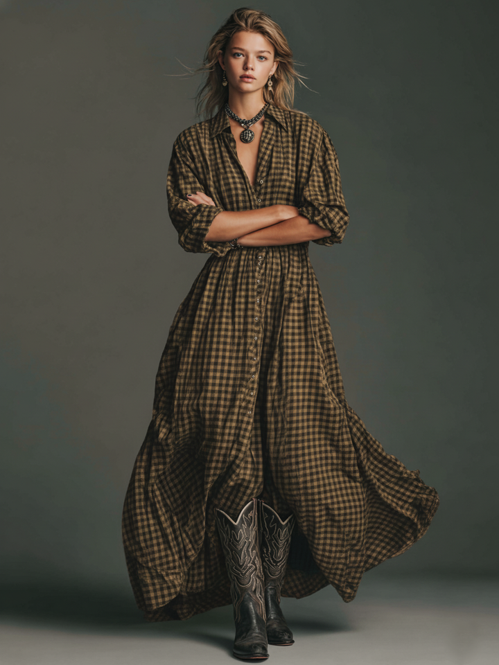 Vestido largo camisero de cuadros de manga larga para mujer