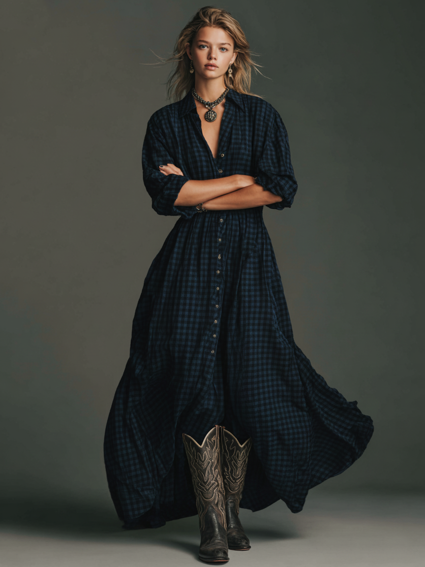 Vestido largo camisero de cuadros de manga larga para mujer