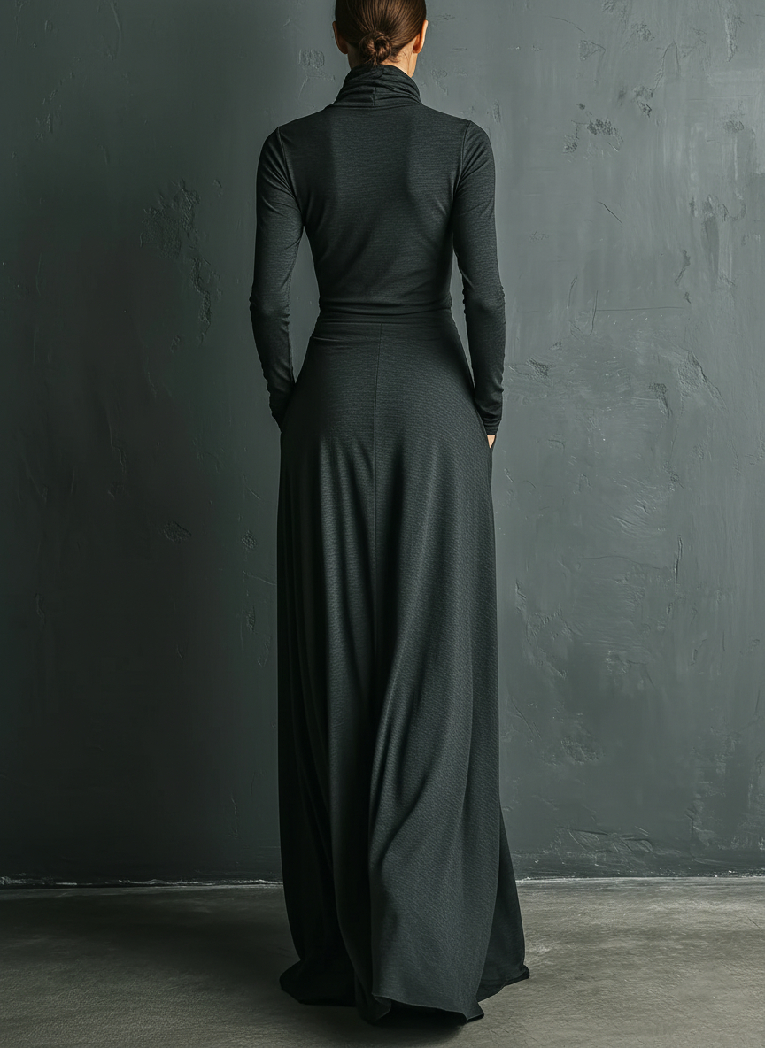 Robe maxi élégante en mélange polyester-coton stretch charbon à col roulé drapé pour femme