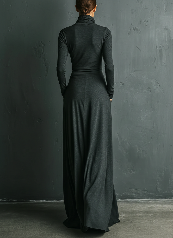 Robe maxi élégante en mélange polyester-coton stretch charbon à col roulé drapé pour femme