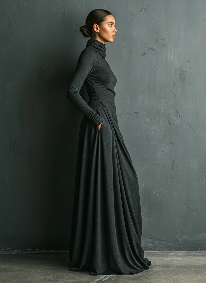Robe maxi élégante en mélange polyester-coton stretch charbon à col roulé drapé pour femme
