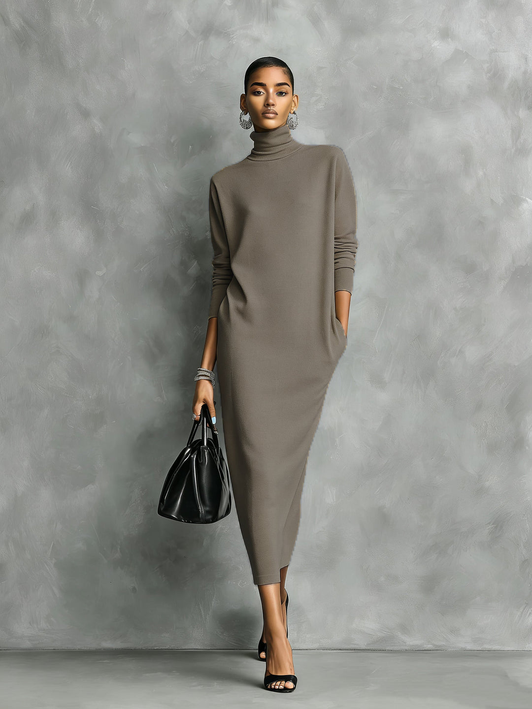 Elegantes schwarzes Strickkleid für Damen mit Rollkragen, langen Ärmeln, locker sitzend, Midi-Länge, ohne Taschen