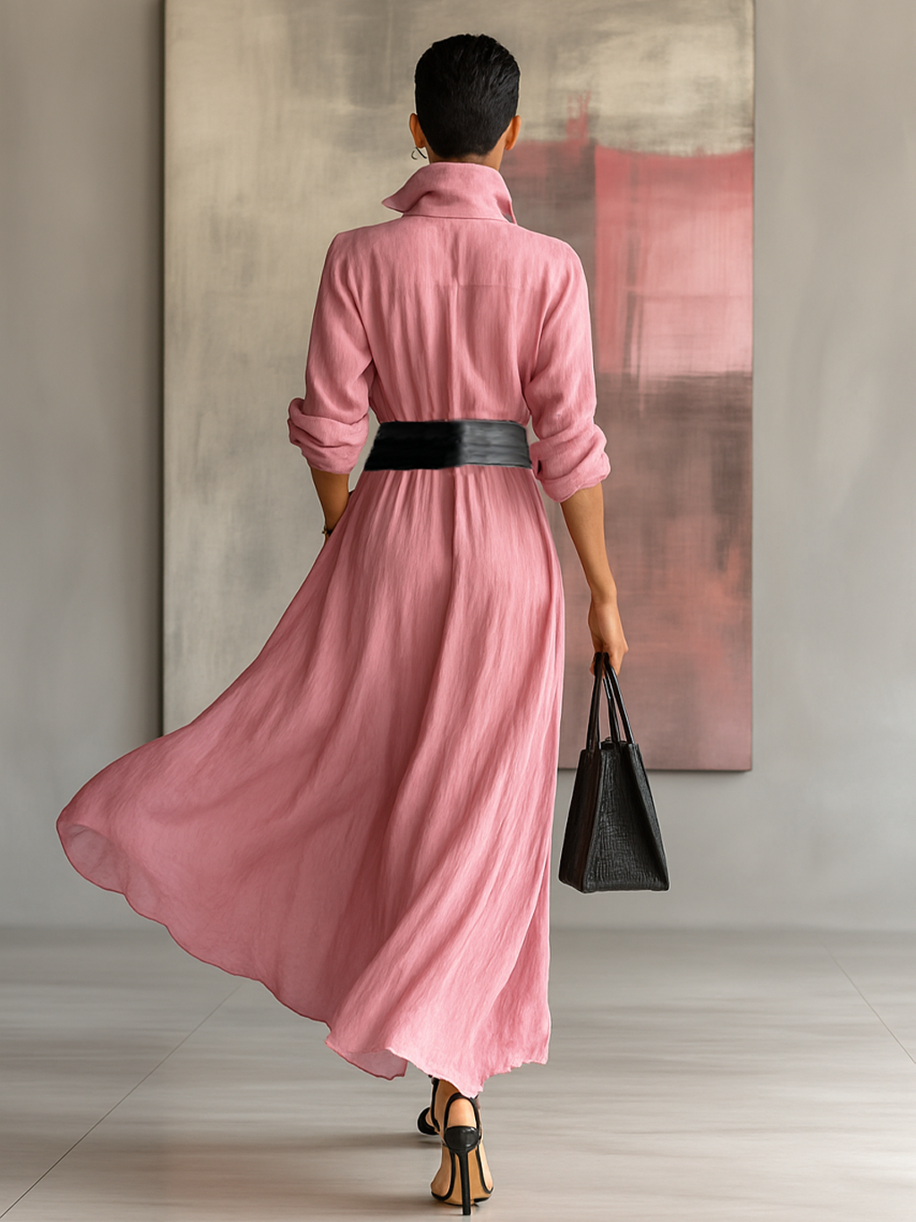 Vestido camisero largo de mujer, liso, con solapa, manga larga, abotonado y cinturón