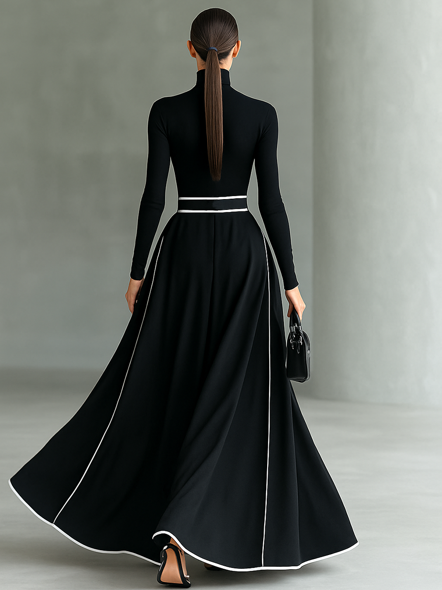 Robe maxi noire pour femme, coutures avec bordure blanche, col haut, manches longues, ceinture serrée