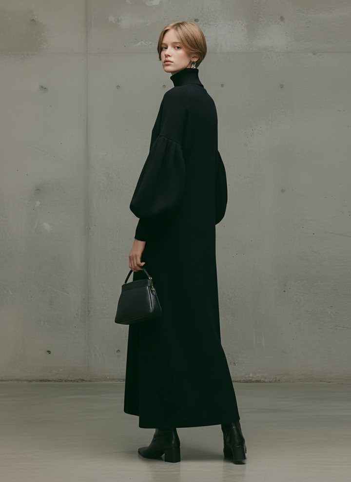 Damen modernes schwarzes Maxikleid mit Rollkragen und Puffärmeln im Sweatshirt-Stil