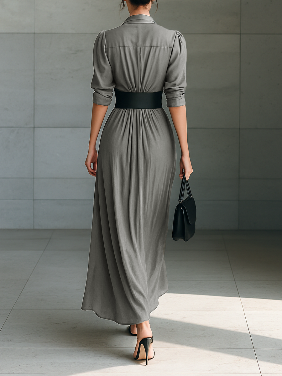 Vestido maxi para mujer con solapa, manga larga, abotonado y cinturón