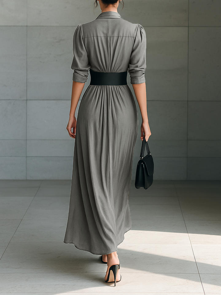 Vestido maxi para mujer con solapa, manga larga, abotonado y cinturón