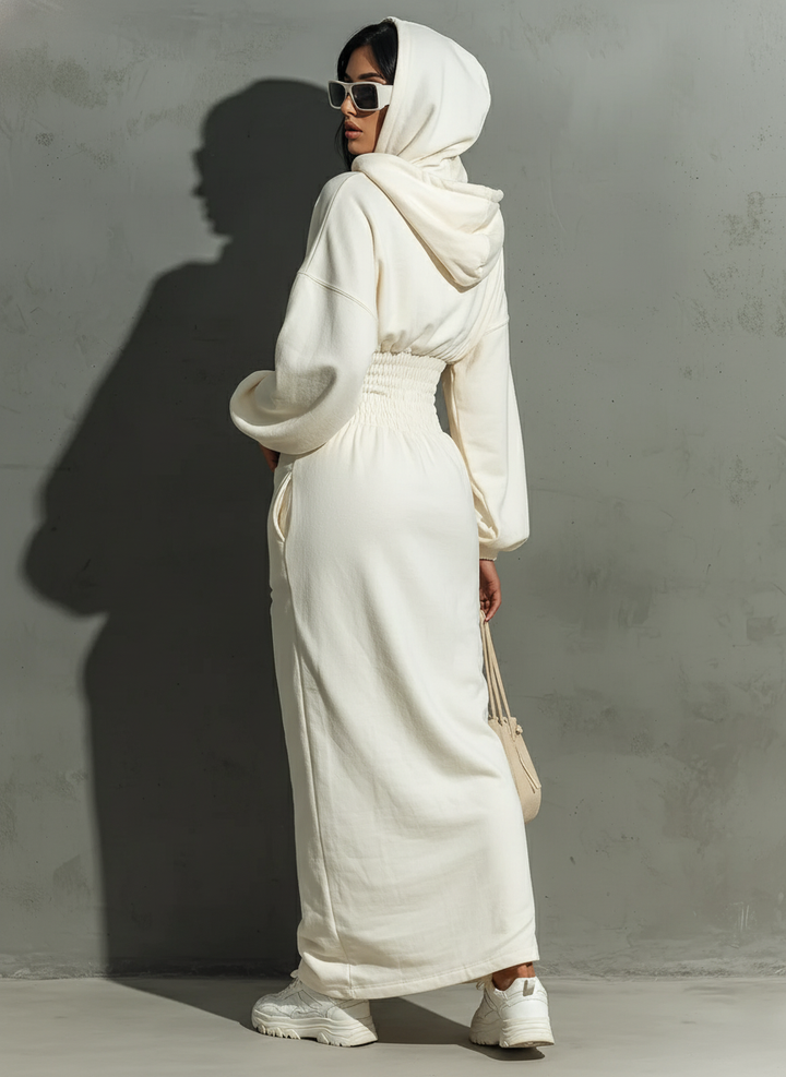 Vestido maxi de sudadera con capucha y fruncido en la cintura minimalista para mujer