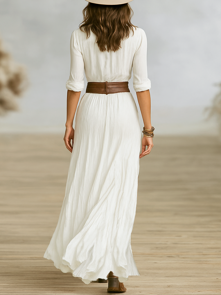 Damen Maxikleid aus Baumwoll-Leinen-Imitat mit plissiertem Revers, einreihig und langen Ärmeln MDA1968G0Y