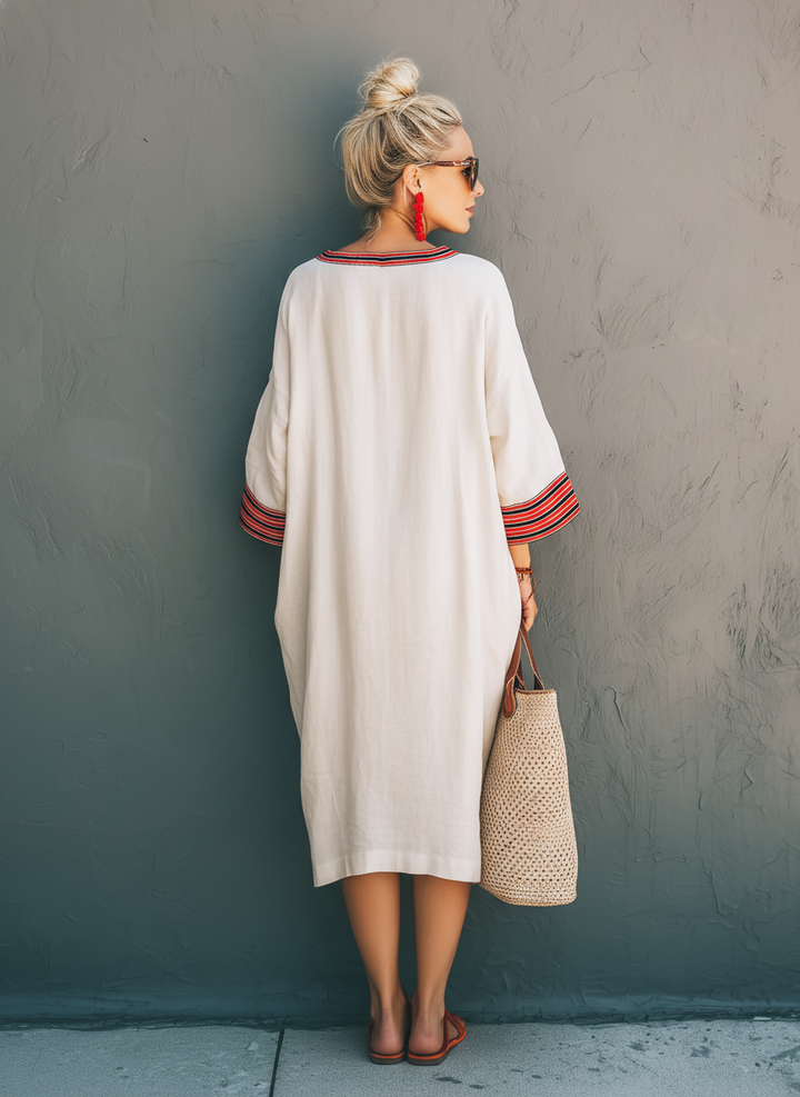 Women's Elegant White Cotton Linen V-neck Embroidered Mid-sleeve Loose Long Dress