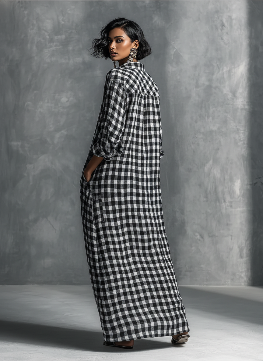 Women's Casual Black And White Checkered Shirt-style Long Dress