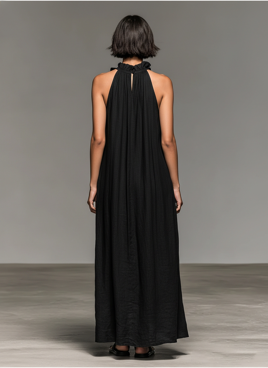 Vestido Maxi Feminino Minimalista Sem Mangas em Mistura de Linho com Detalhes de Babados MDZ1622A0Y