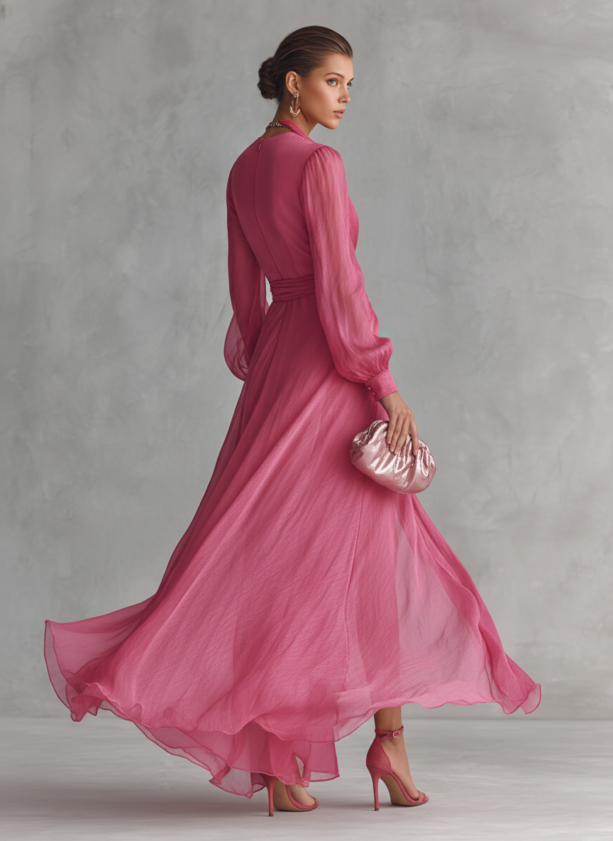Women's Elegant Rose Pink Pearl Chiffon V-neck Tie-waist Long Dress – Mercer & Bloom