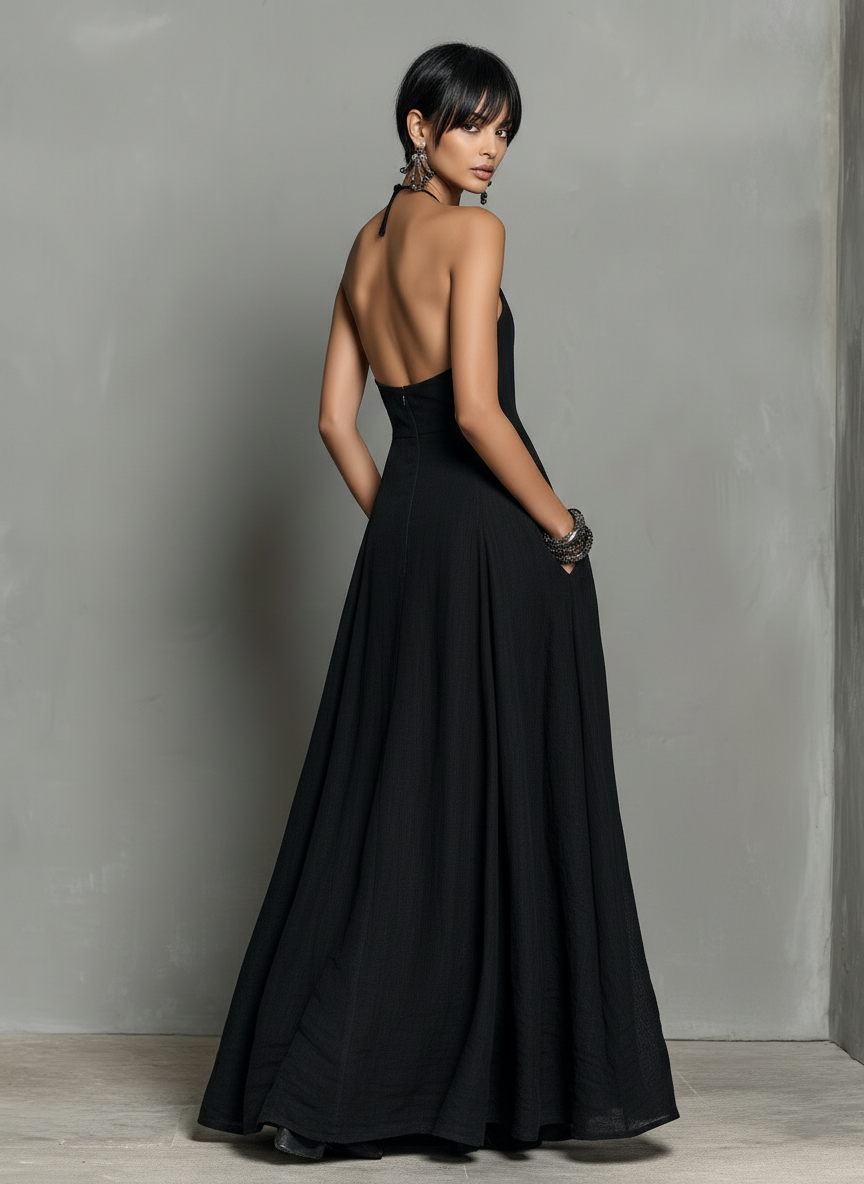 Women's Minimalist Linen Blend Halter Neck Sleeveless Maxi Dress