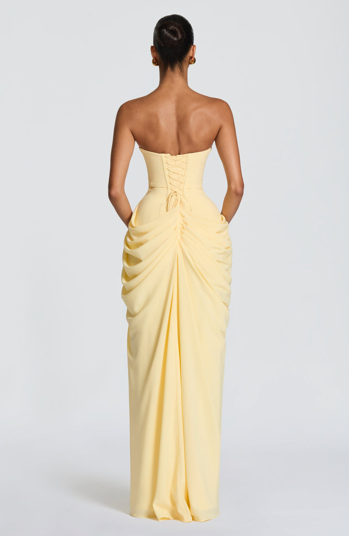 Elegant Draped Maxi Dress for Women with Strapless Sweetheart Ruched Side Slit Autumn Wedding Guest Style