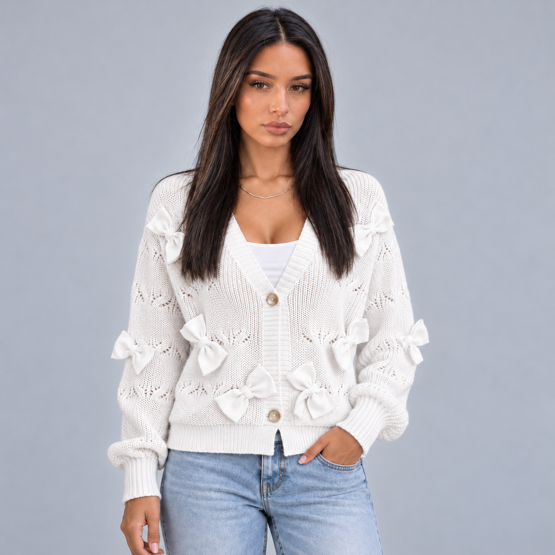 Women's V-Neck Cardigan with Bow Detail