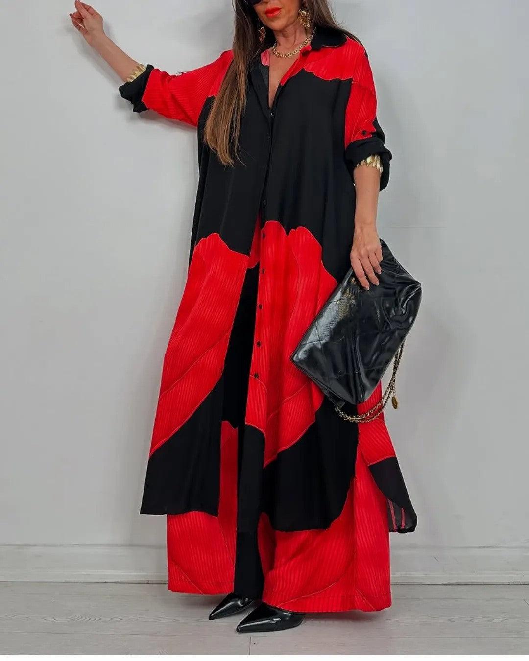 Two Piece Outfit Set for Women – V Neck Patchwork Top and Trousers, Casual Matching Set for Everyday