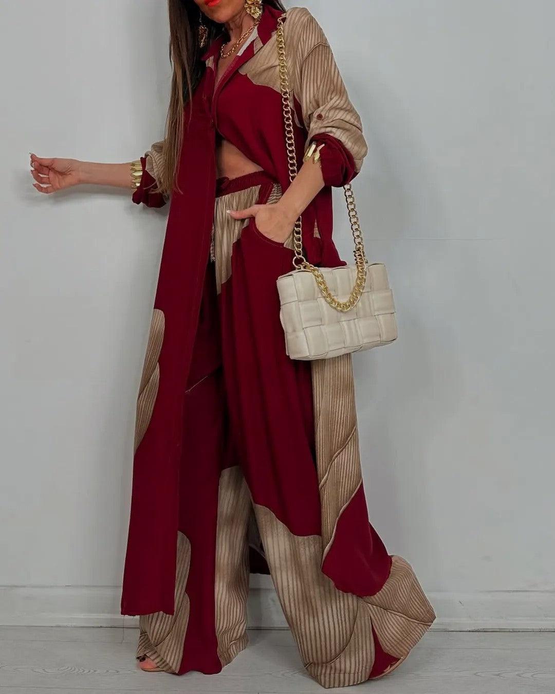 Two Piece Outfit Set for Women – V Neck Patchwork Top and Trousers, Casual Matching Set for Everyday