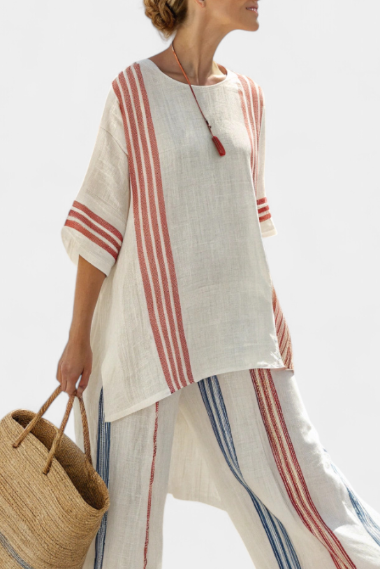 Solvane | Wyrafinowany wielokolorowy top w paski i spodnie w stylu śródziemnomorskim