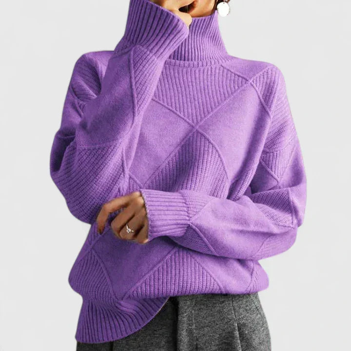 Comfortable Diamond Quilted Sweatshirt for Women with Turtleneck Long Sleeve Relaxed Oversized Knit Style