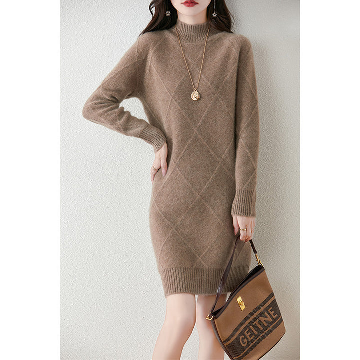 Comfortable Sweater Dress for Women with Mock Neck Long Sleeve Argyle Knit Relaxed Style