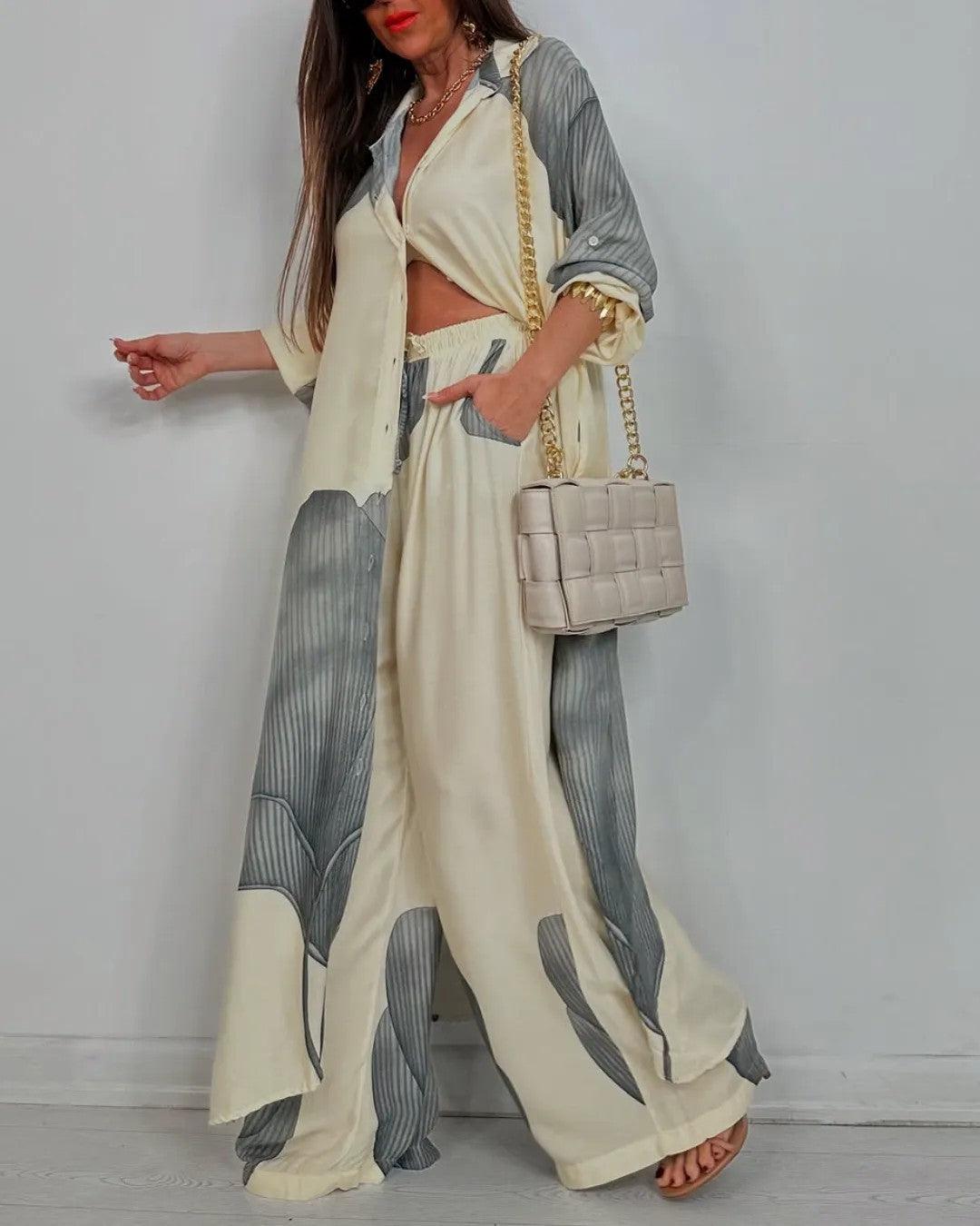 V neck patchwork top and trousers set