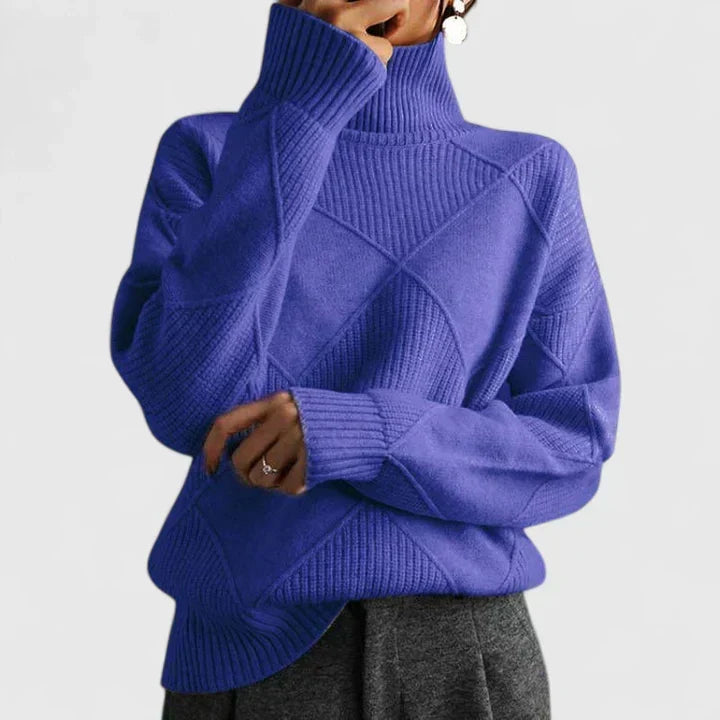 Comfortable Diamond Quilted Sweatshirt for Women with Turtleneck Long Sleeve Relaxed Oversized Knit Style