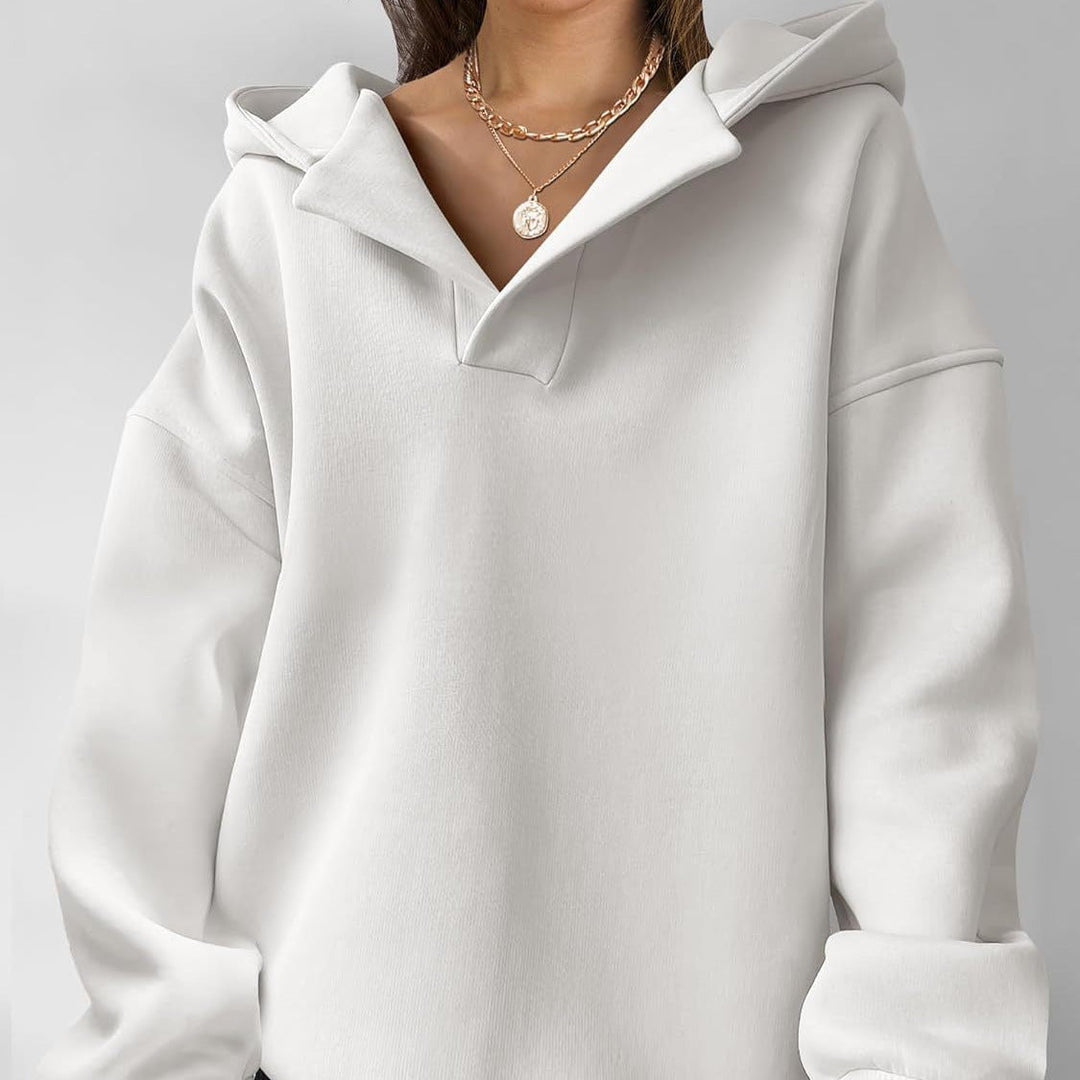 Comfortable Oversized Fleece Hoodie for Women with V Neck Long Sleeve Drop Shoulder Relaxed Style