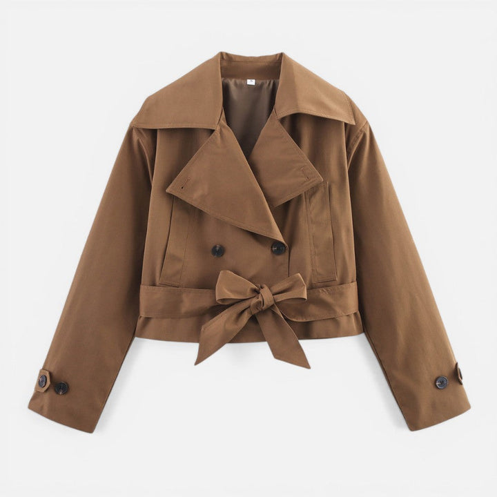 Effortless Cropped Trench Jacket for Women with Notch Collar Long Sleeve Double Breasted Belted Bow Style