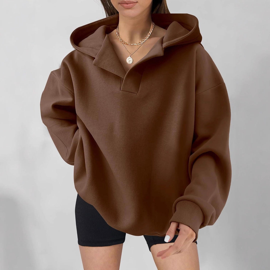 Comfortable Oversized Fleece Hoodie for Women with V Neck Long Sleeve Drop Shoulder Relaxed Style