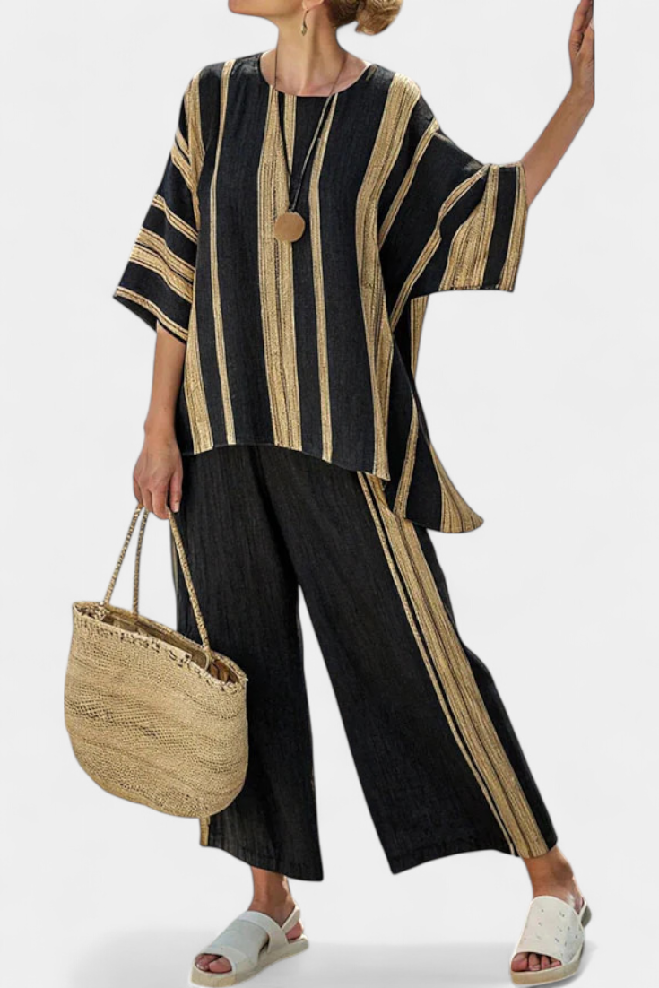 Calden | Bequemes oversized gestreiftes Top & lockere Leinenhose