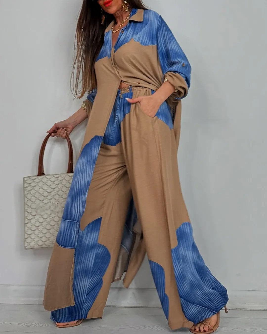 Two Piece Outfit Set for Women – V Neck Patchwork Top and Trousers, Casual Matching Set for Everyday