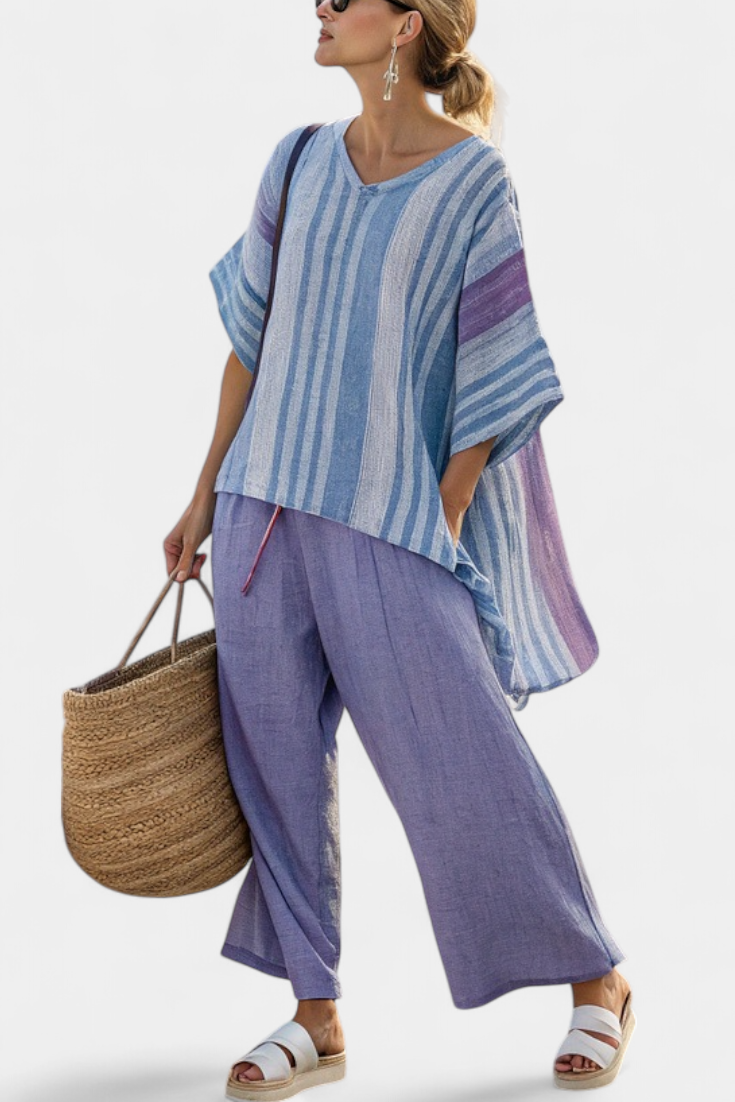 Zellora | Elegantes Lavendel- & Himmelblau-Oberteil & Leinenhose