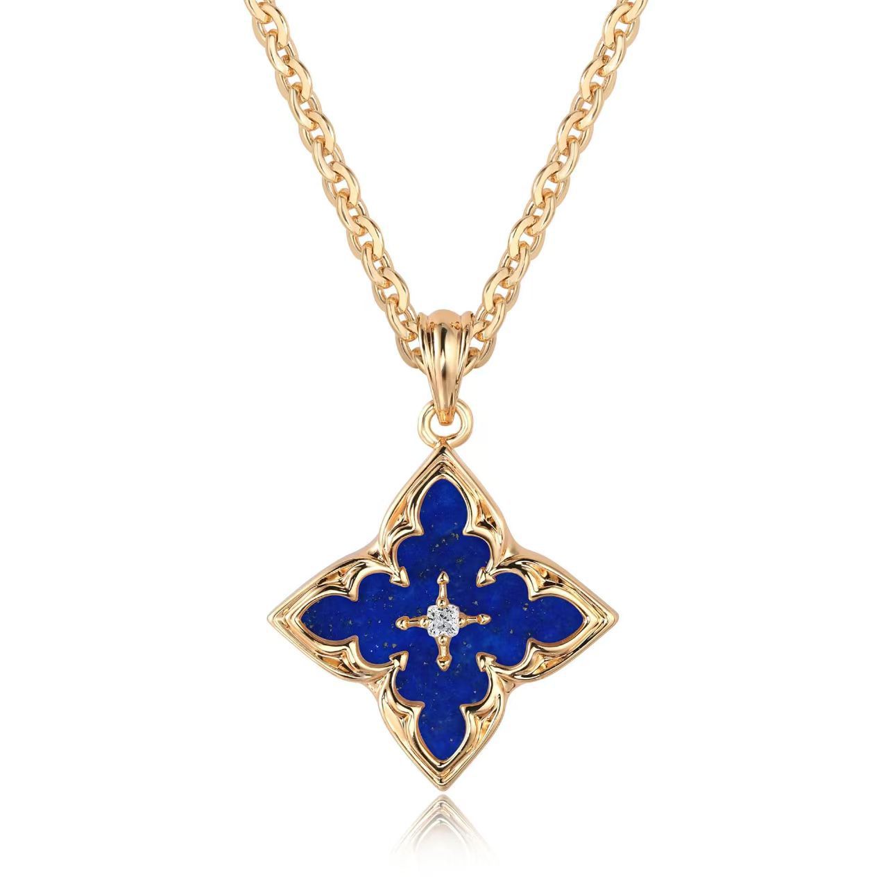 Blauer Kleeblatt Anhänger Halskette | Gold