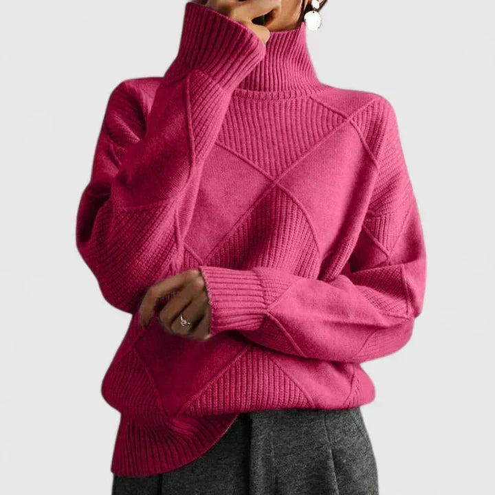 Comfortable Diamond Quilted Sweatshirt for Women with Turtleneck Long Sleeve Relaxed Oversized Knit Style