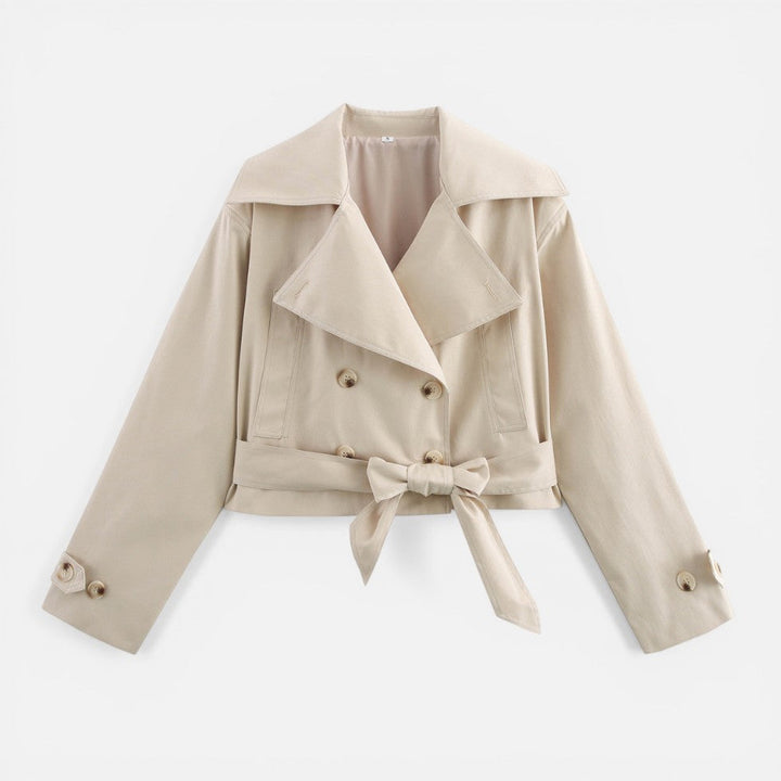 Effortless Cropped Trench Jacket for Women with Notch Collar Long Sleeve Double Breasted Belted Bow Style