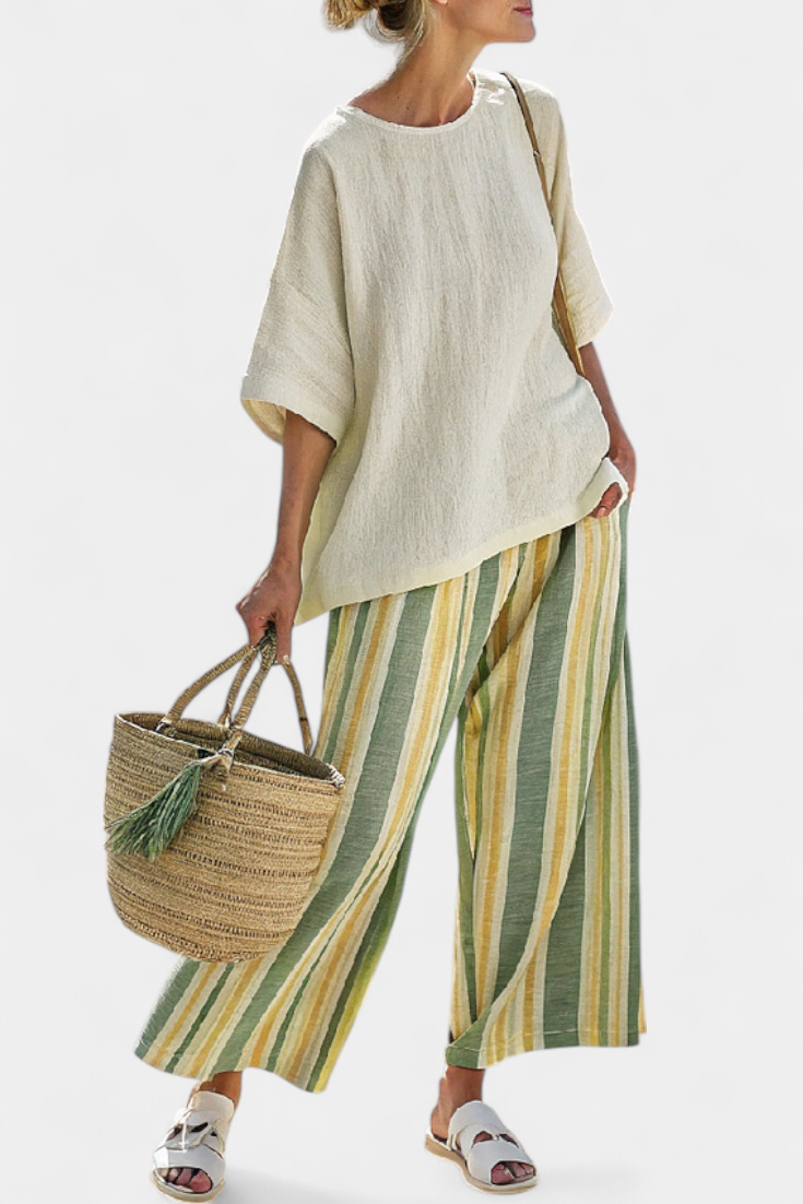 Ellowyn | Elegantes Oberteil & gestreifte Leinenhose