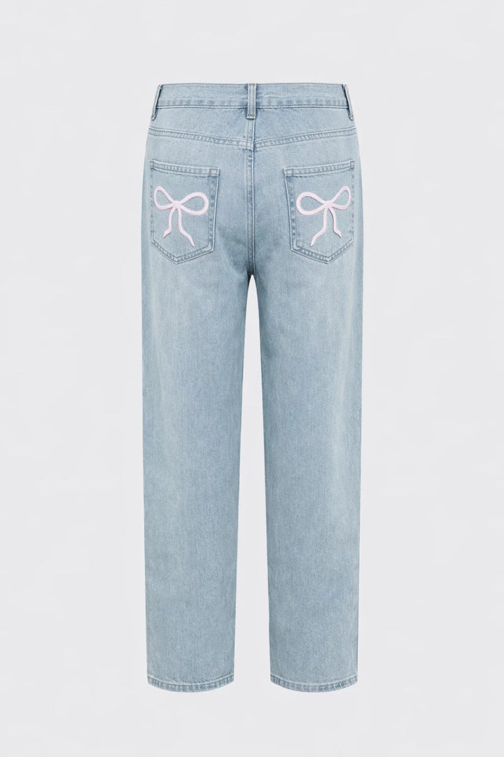 Elegant Light Blue Cherry Embroidered Jeans for Women with High Waisted Straight Leg Relaxed Casual Style