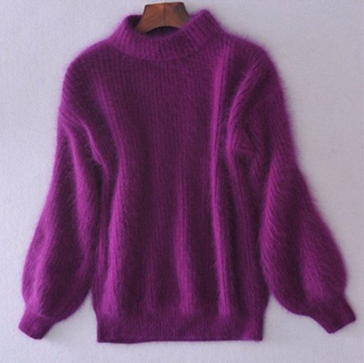 Comfortable Fuzzy Knit Sweater for Women with Turtleneck Lantern Sleeve Oversized Relaxed Style